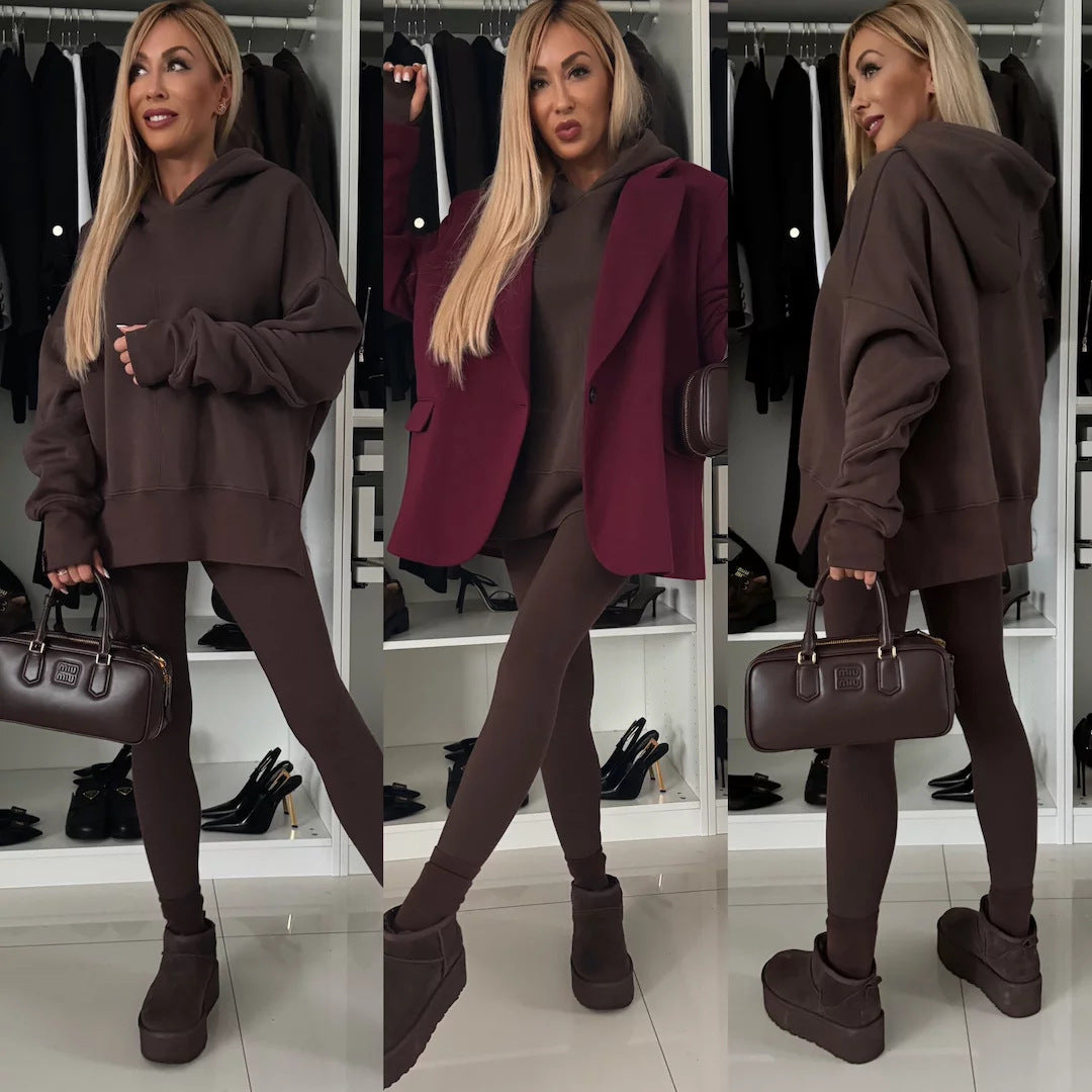 M80070  Women's Plain Printed Hooded Sweatsuit Autumn Winter Set