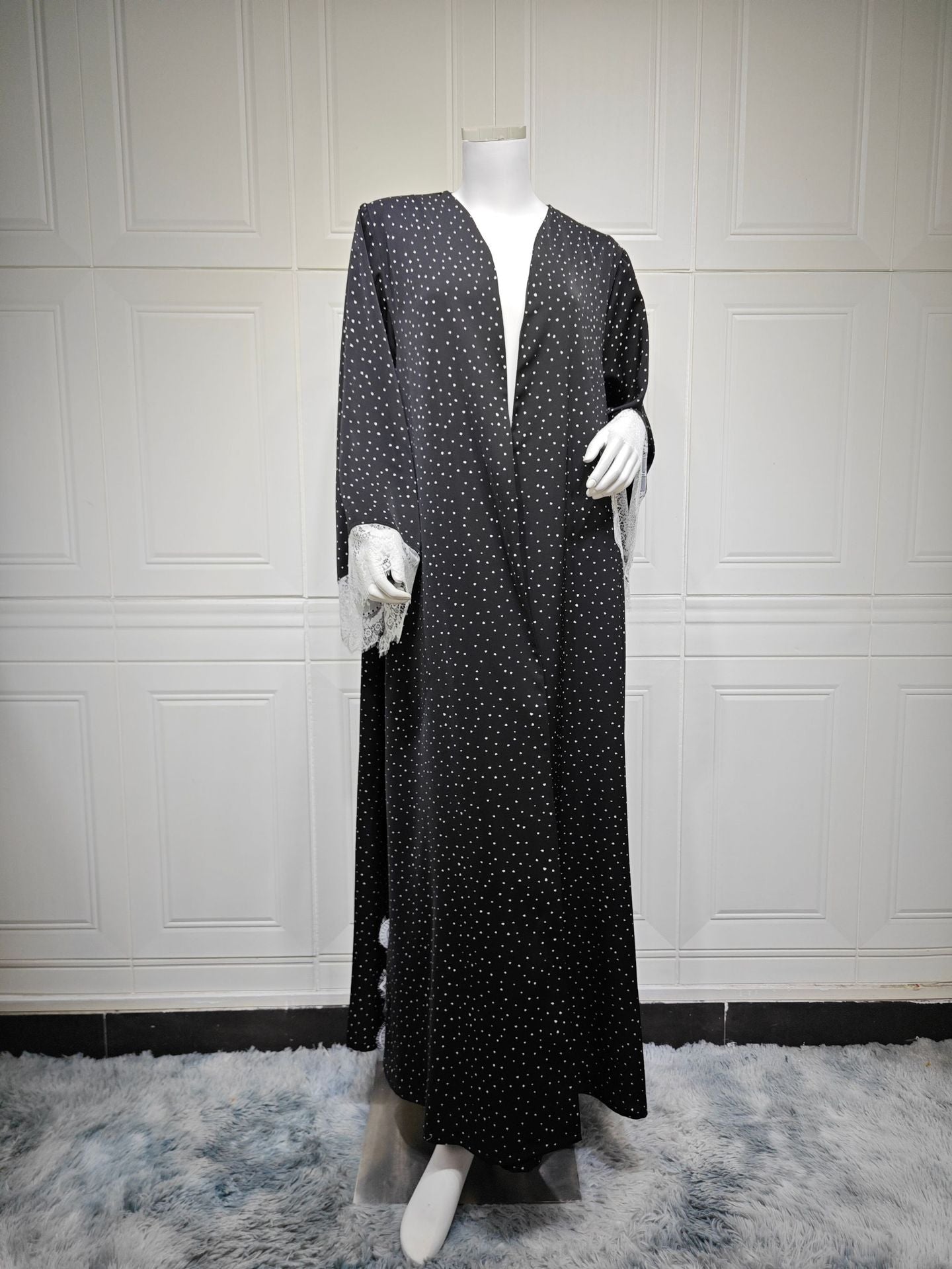 MQ259  Lace Trim Polka Dot Print Abaya Cardigan with Hijab Set
