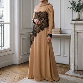 LR1174  Plus size lace panel long sleeve waist-cinching dress