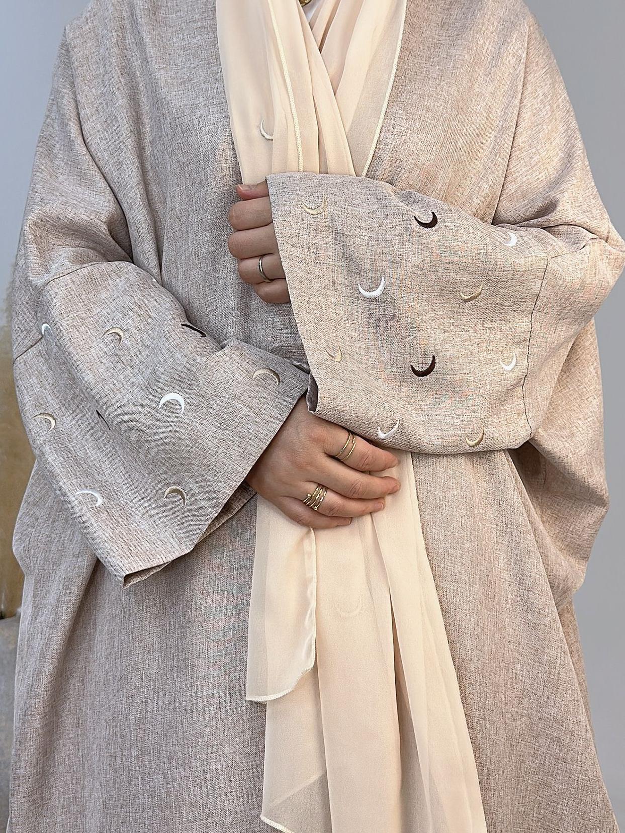 YLCX  Plain elegant long dress – cardigan style, moon embroidery