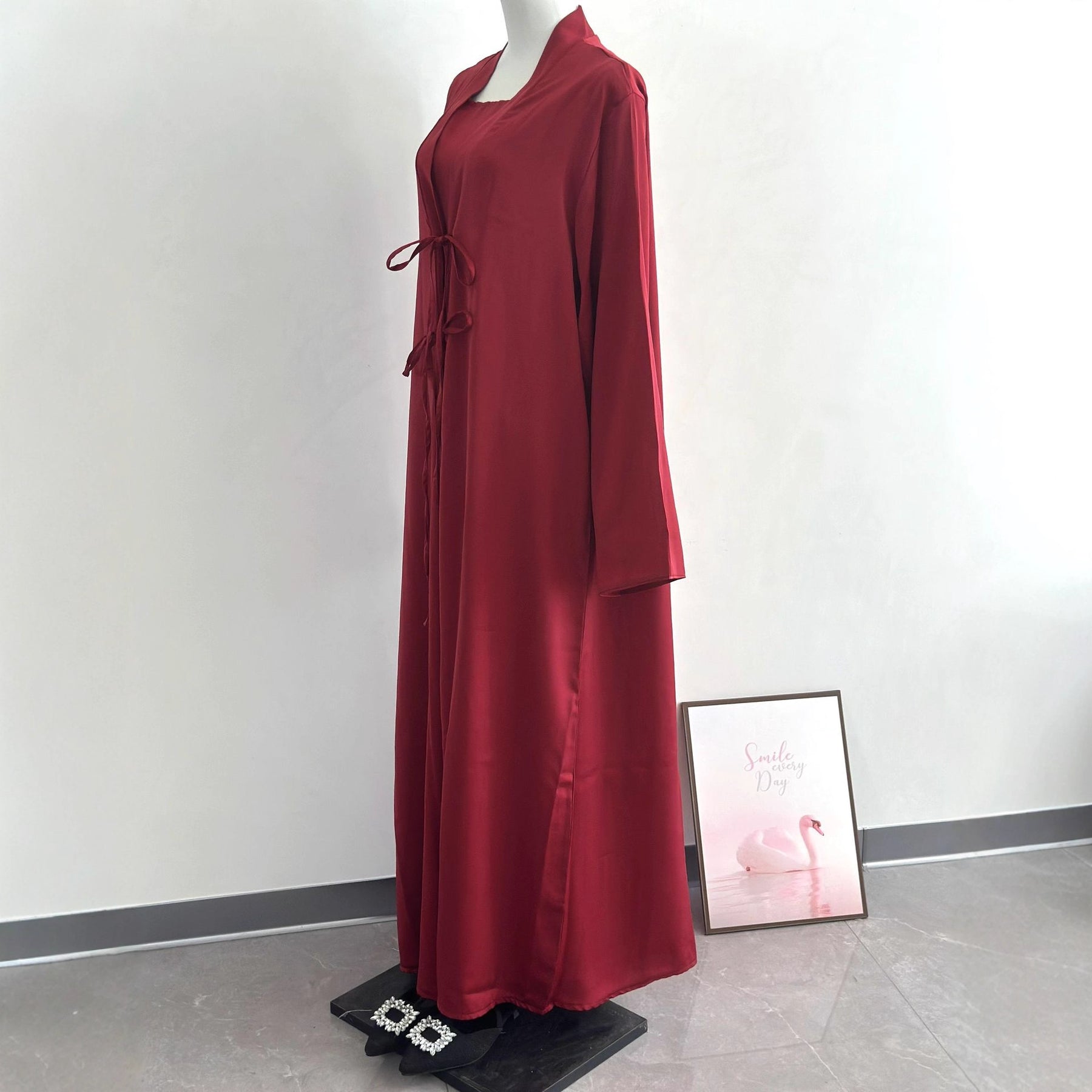 K113  Satin Tie-Front Open Abaya + Inner Dress Set - No Hijab