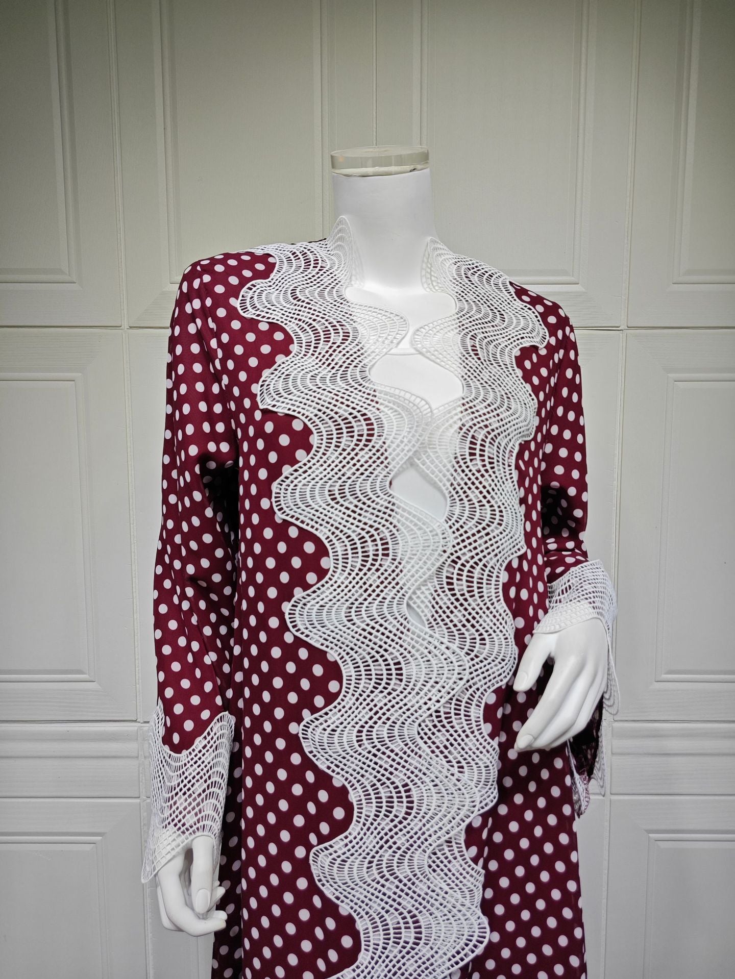 MQ297  Red Polka Dot Chiffon Wavy Lace Cardigan + Hijab Set