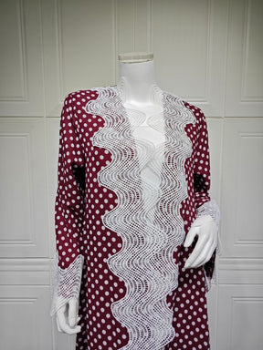 MQ297  Red Polka Dot Chiffon Wavy Lace Cardigan + Hijab Set