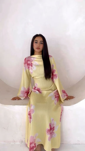 LR1063  Women's Printed Ankle-Length Dress with Slimming Waist