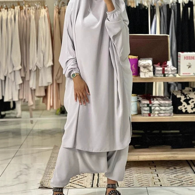 P103  Plain 2-Piece Loose Long Sleeve Top Hijab and Tied Pants Set