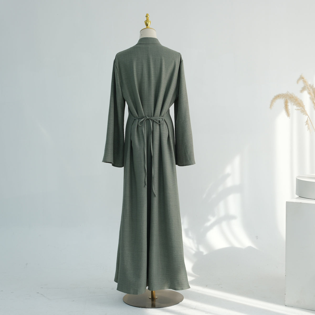 LR1124  Plain Solid Polyester Tie-Front Open Abaya Cardigan + Inner 2-Piece Set