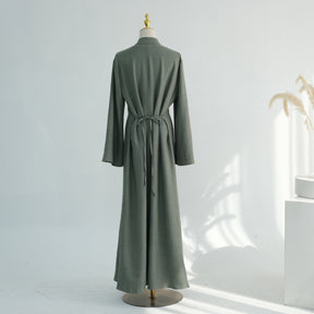 LR1124  Plain Solid Polyester Tie-Front Open Abaya Cardigan + Inner 2-Piece Set