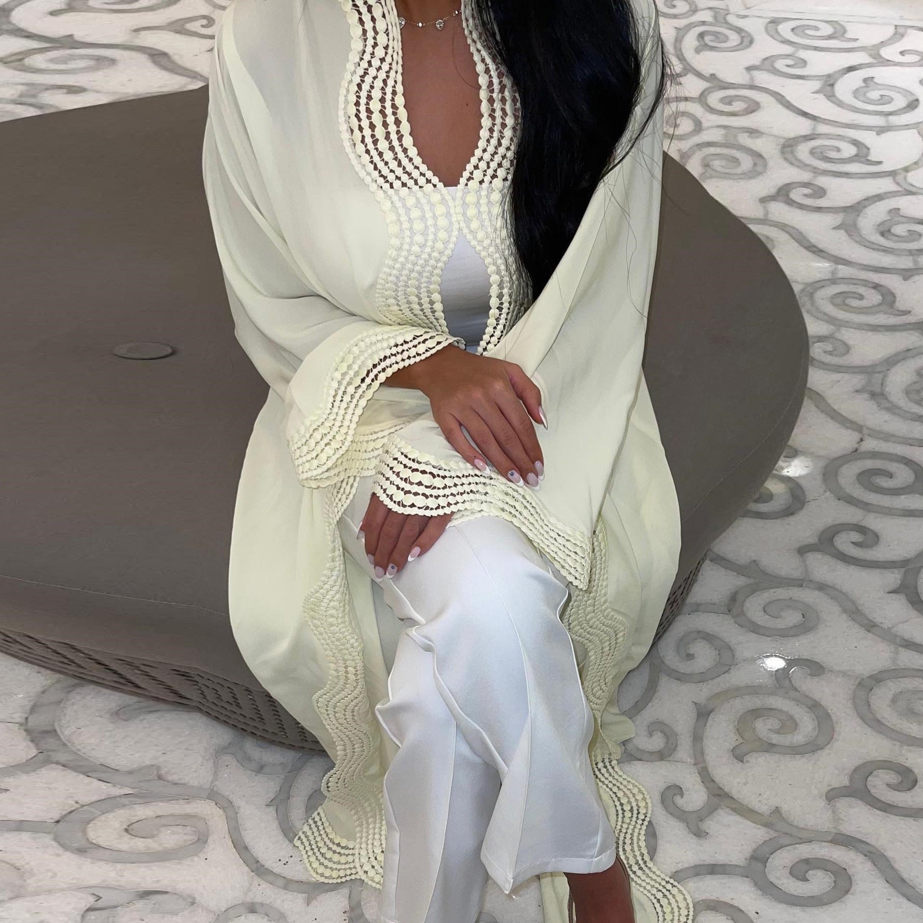 MQ255  Elegant Lace Trim Long Dress Cardigan