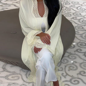 MQ255  Elegant Lace Trim Long Dress Cardigan
