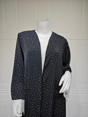 MQ259  Lace Trim Polka Dot Print Abaya Cardigan with Hijab Set