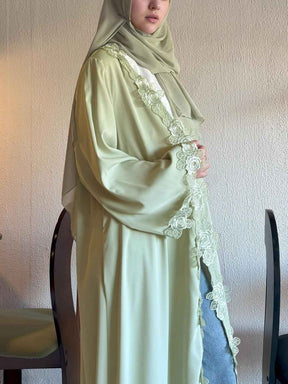 HBWT  Green Floral Abaya with Subtle Lace & a Coordinating Hijab