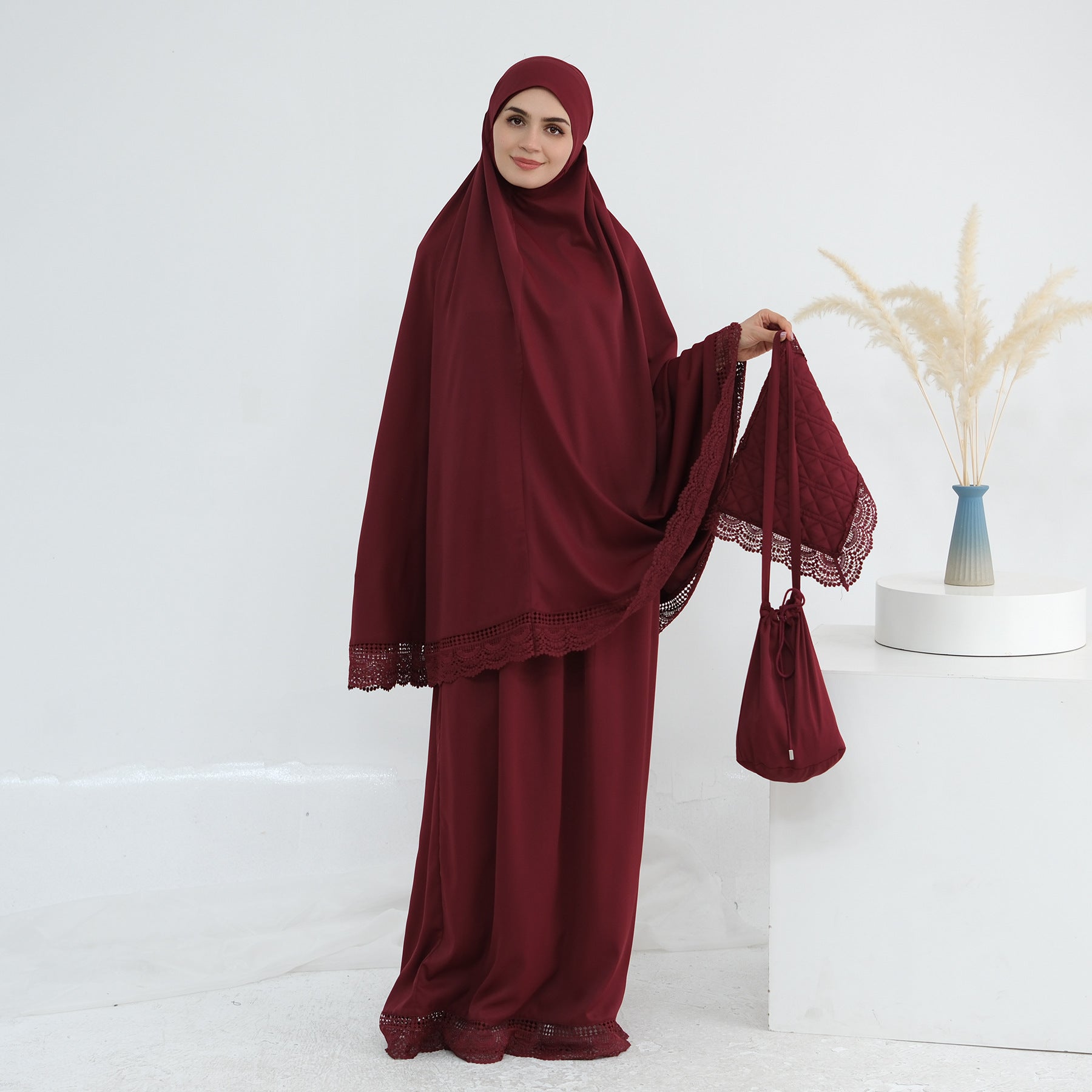 LR957  4-Piece Prayer Mat Storage Bag Lace Hijab & Skirt Set
