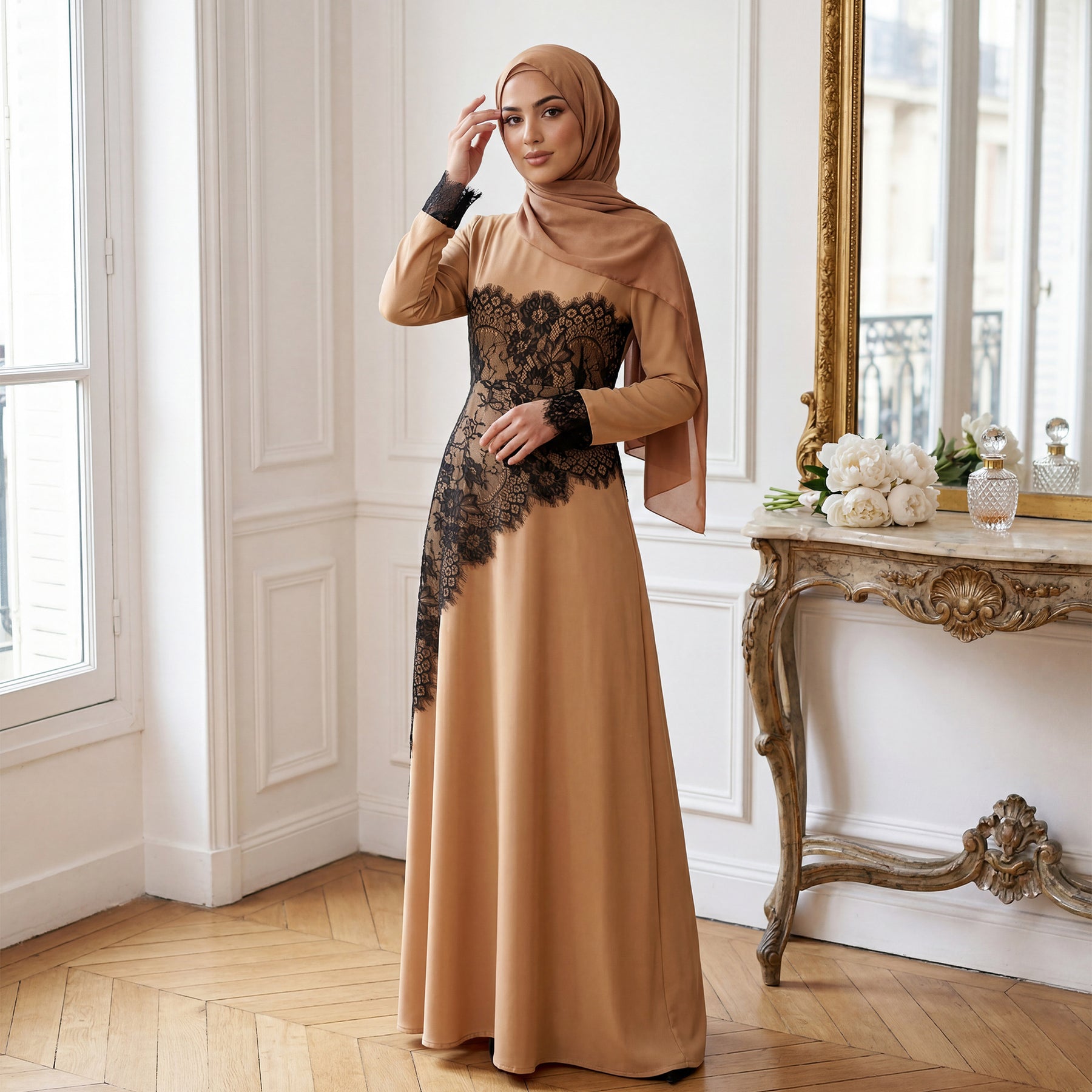 LR1174  Plus size lace panel long sleeve waist-cinching dress