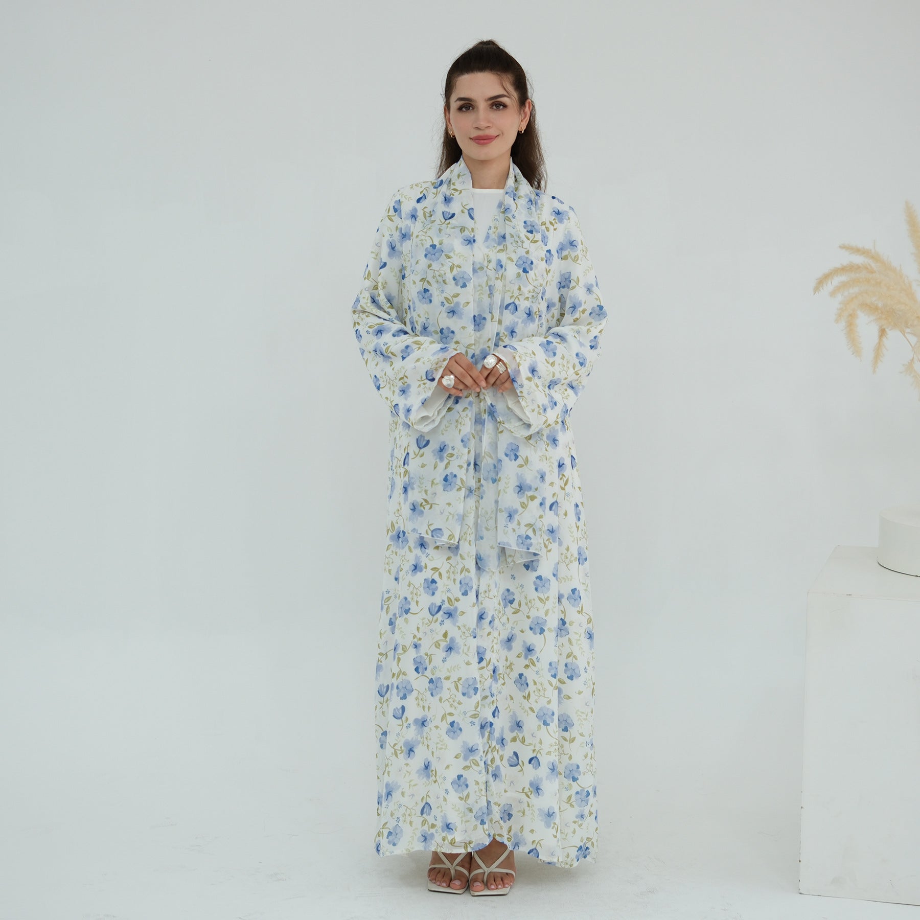 LR1067  Printed Chiffon Lined Open Abaya + Hijab Set