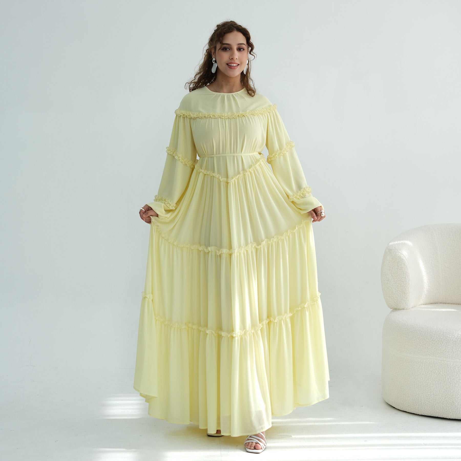LR1161  Long Sleeve Tiered Ruffle Double Layer Dress
