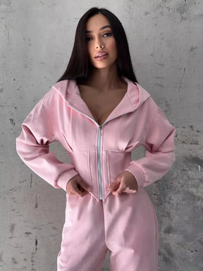 C56105  Autumn Winter Women Plain Drawstring Hooded Sweatsuit Abaya 2-Piece Set