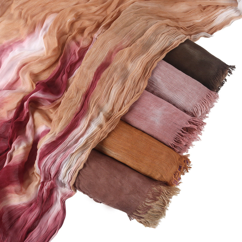 SS009  Modal Tie-Dye Oil Painting Style Two-End Fringed Crinkled Hijab