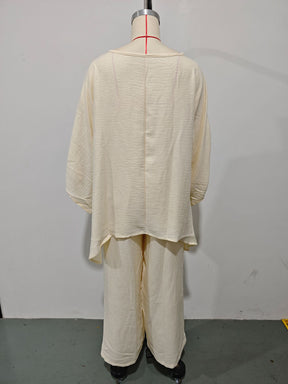 GS-30910  Women Simple Loose Linen Blend Shirt Wide Leg Pants Set