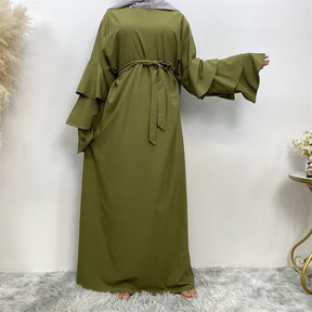 9073 plain Multi-layer stack sleeves abaya dress