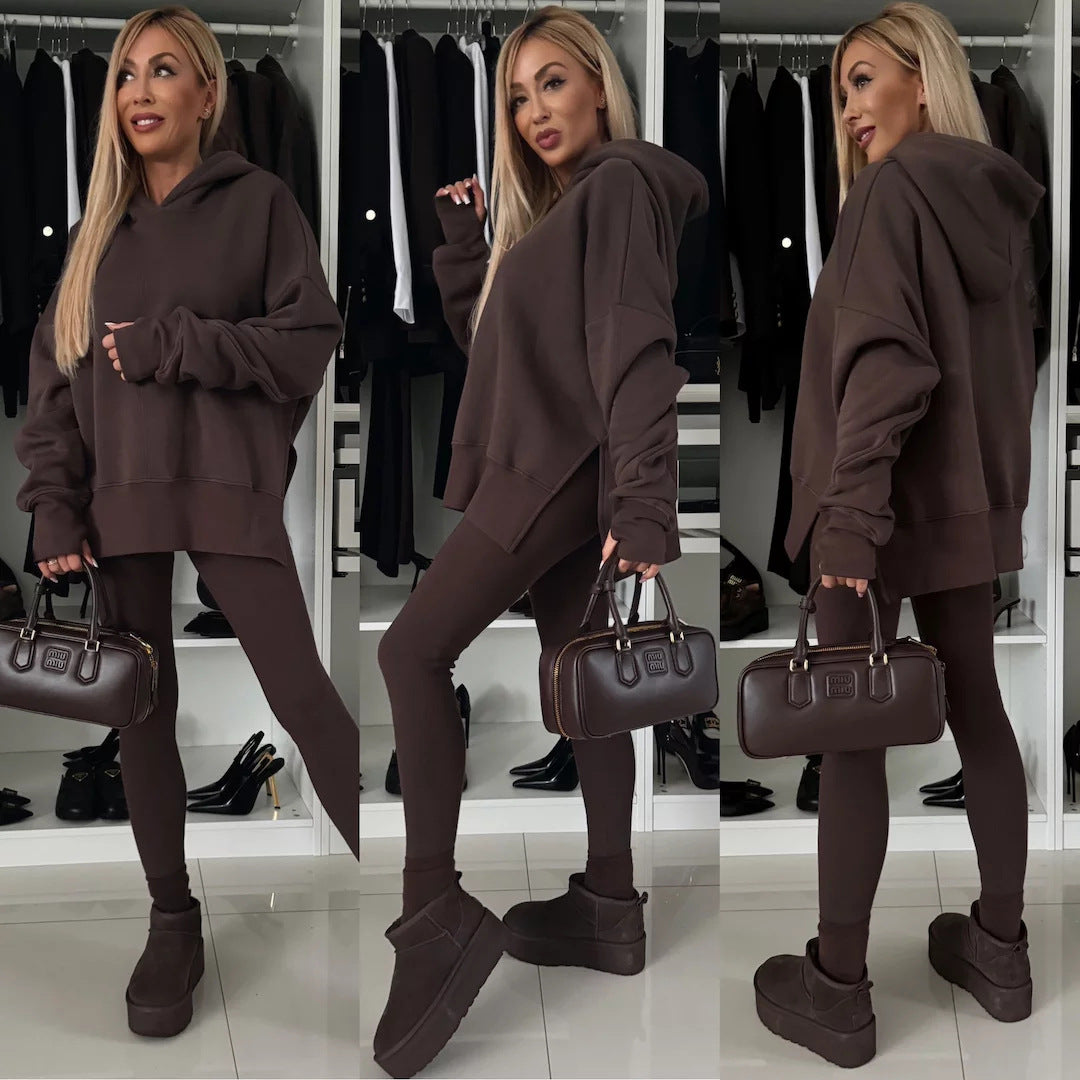 M80070  Women's Plain Printed Hooded Sweatsuit Autumn Winter Set