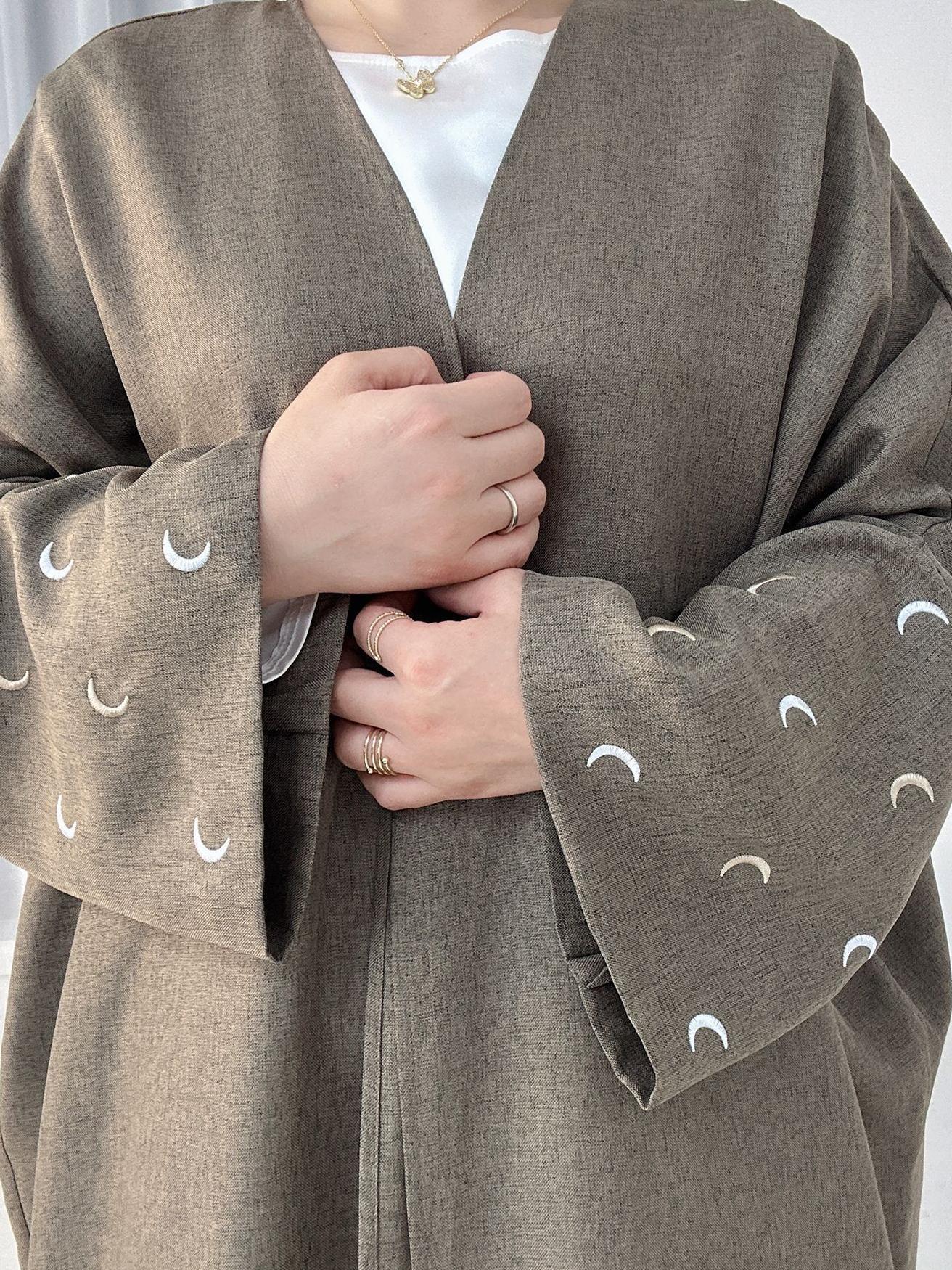 YLCX  Plain elegant long dress – cardigan style, moon embroidery