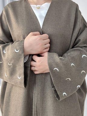 YLCX  Plain elegant long dress – cardigan style, moon embroidery