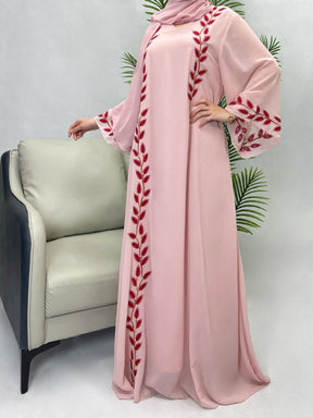 YM01  Chiffon Pink Round Neck Plant Embroidery Dress（abaya+hijab）