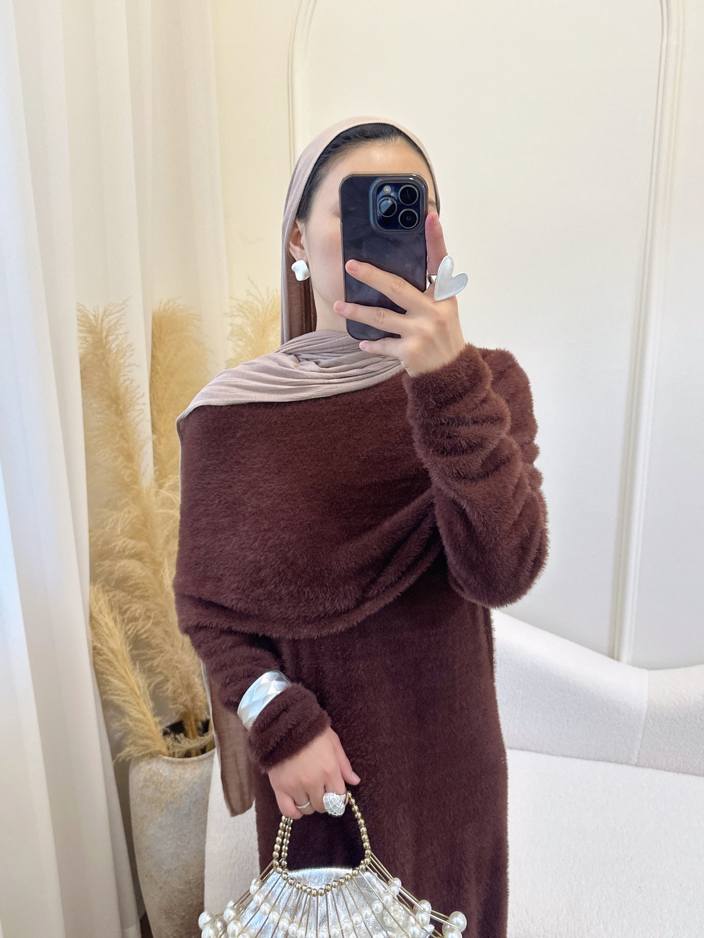LR1085  2-Piece Plain Slim Fit Sweater Set with Shawl