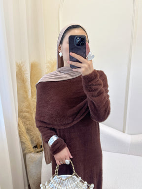 LR1085  2-Piece Plain Slim Fit Sweater Set with Shawl