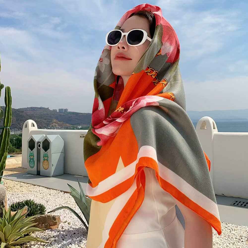 130FJ-2  130*130cm Floral Large Square Scarf