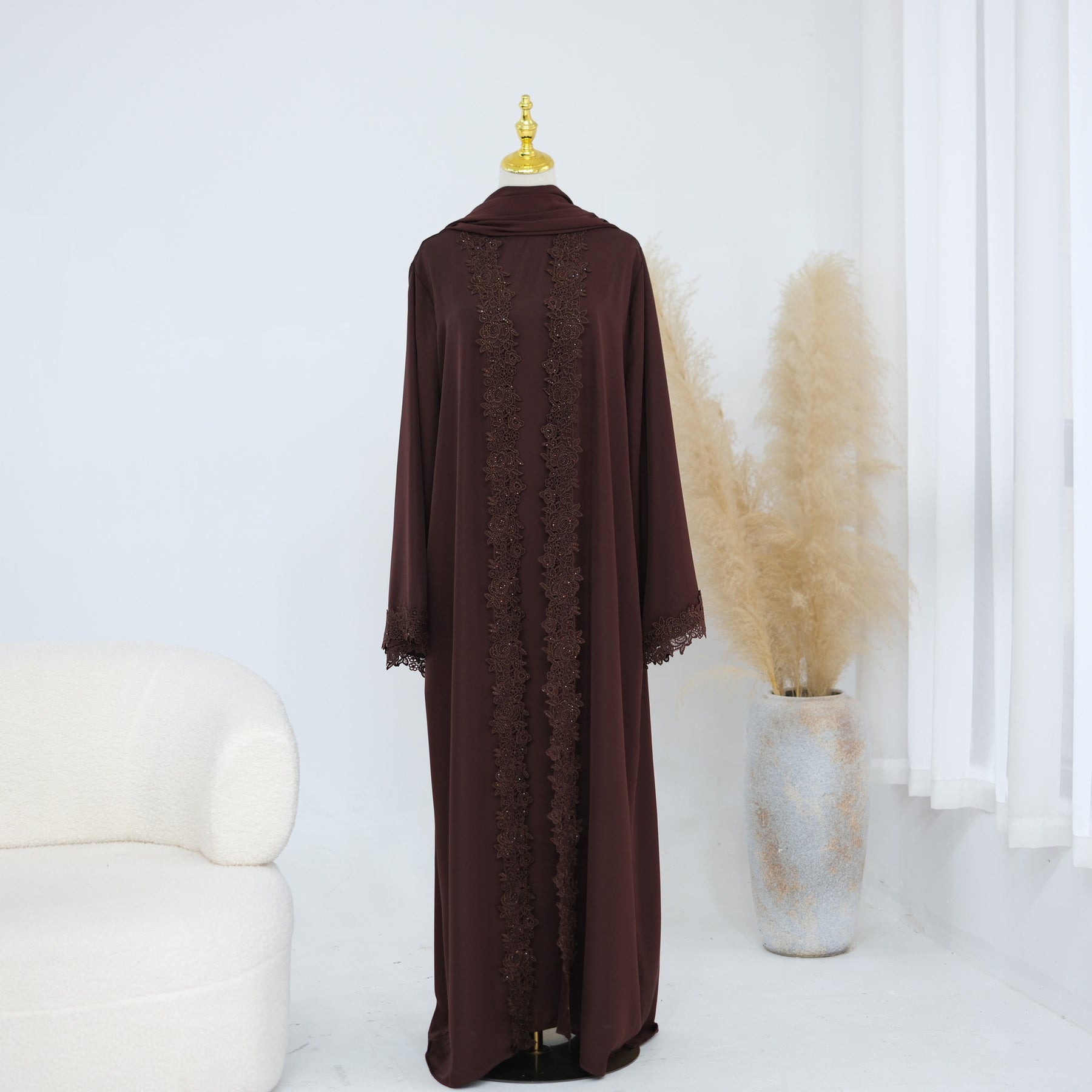 LR1191  Plain Nida Gold Foil Lace Open Abaya + Inner Layer + Hijab Set