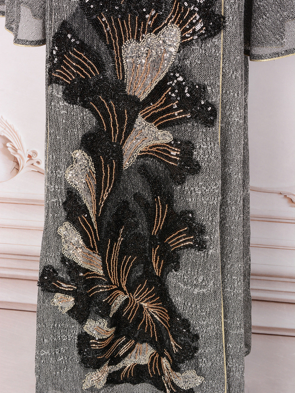MT557  Stand Collar Sequin Beaded Embroidered Luxury Dress