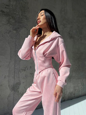 C56105  Autumn Winter Women Plain Drawstring Hooded Sweatsuit Abaya 2-Piece Set