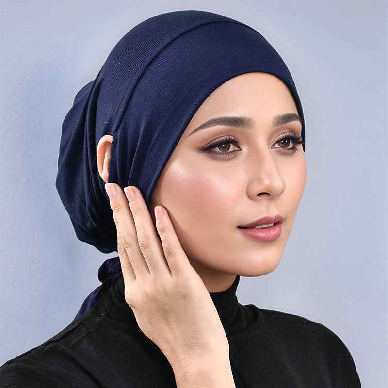 MSL139  Drawstring Plain Mercerized Cotton Hijab Cap - with Ear Openings