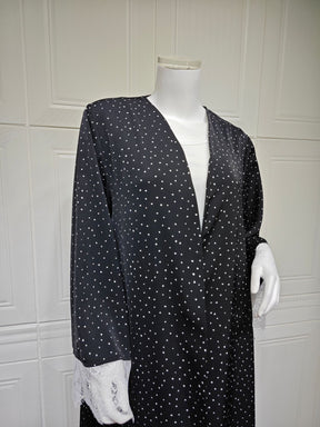 MQ259  Lace Trim Polka Dot Print Abaya Cardigan with Hijab Set