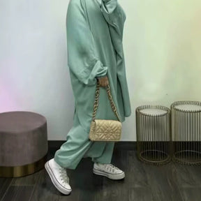 P103  Plain 2-Piece Loose Long Sleeve Top Hijab and Tied Pants Set