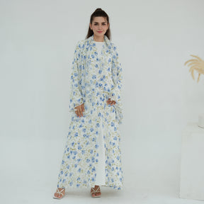 LR1067  Printed Chiffon Lined Open Abaya + Hijab Set