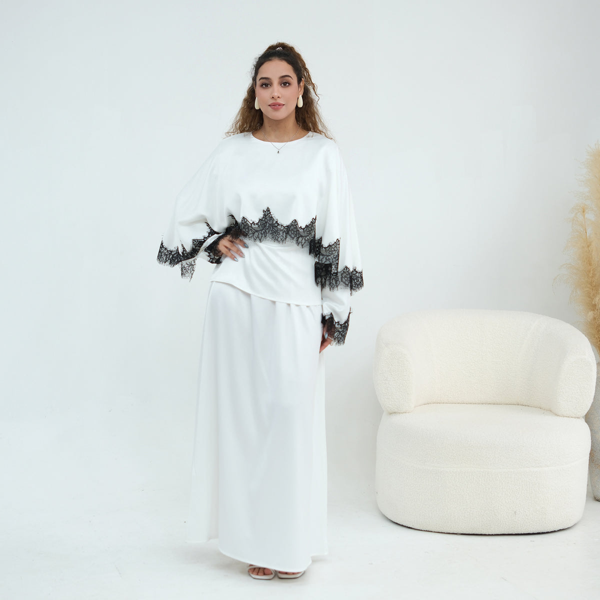 LR1178  Lace-Trim Polyester Top with Shawl & Skirt Set - Sold Separately