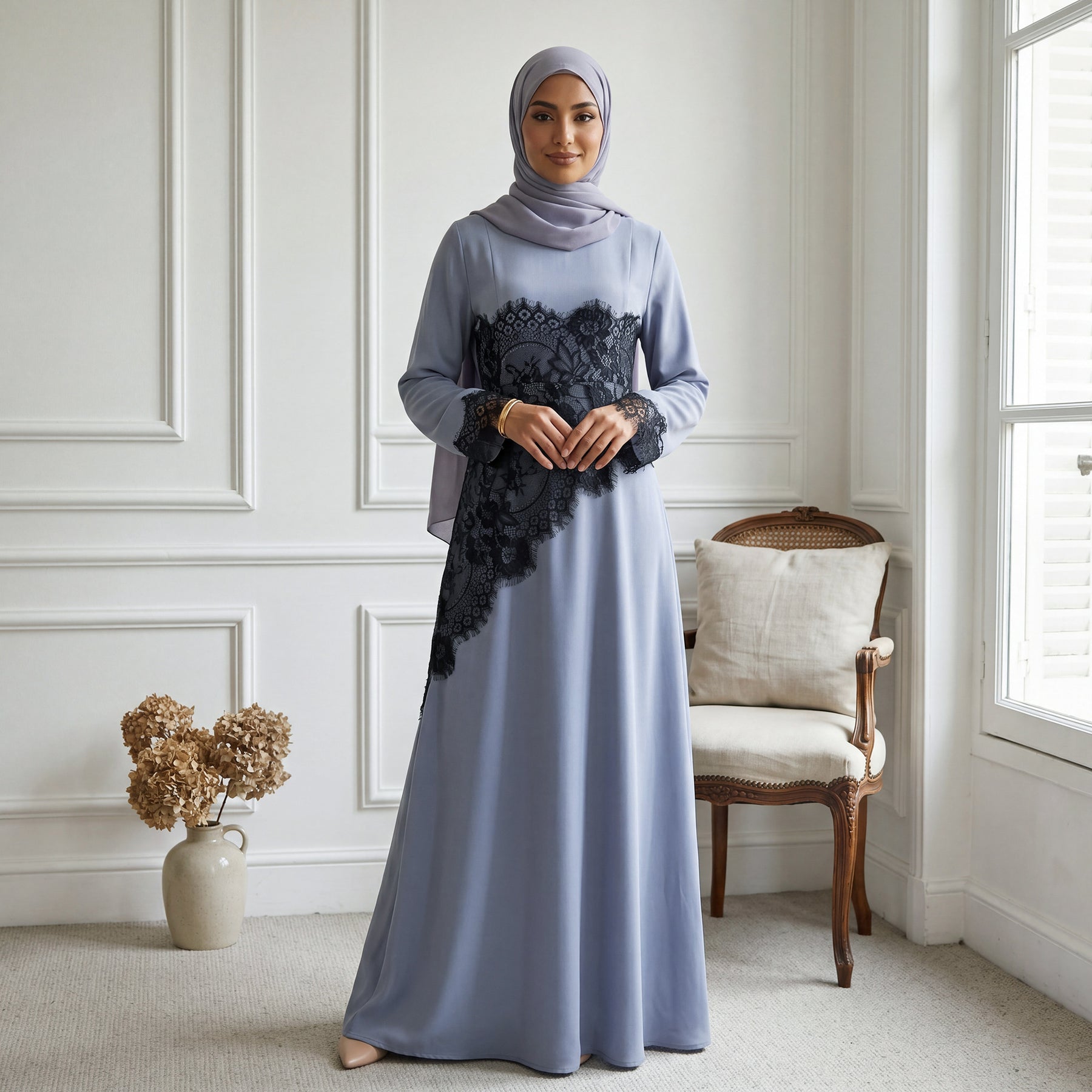 LR1174  Plus size lace panel long sleeve waist-cinching dress