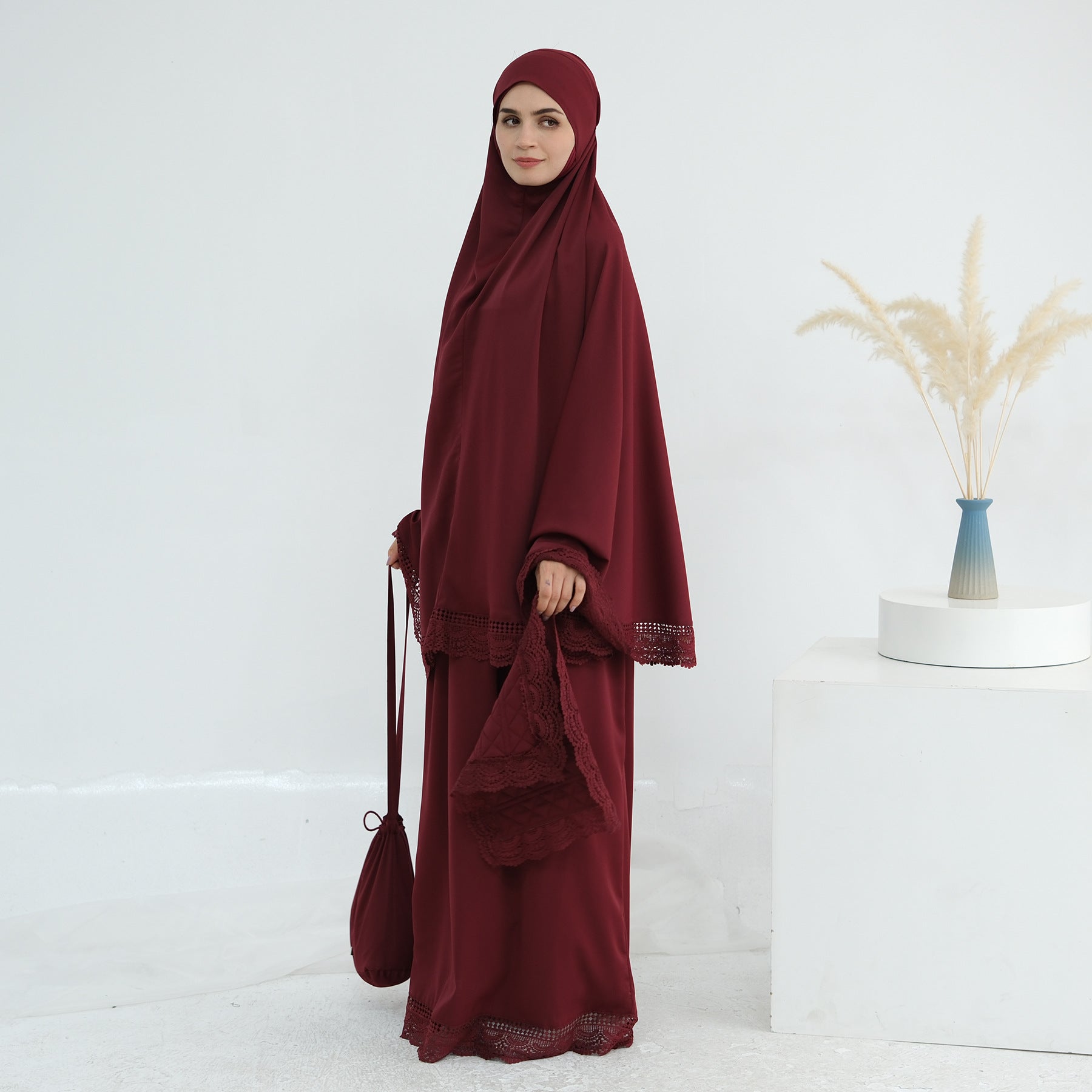 LR957  4-Piece Prayer Mat Storage Bag Lace Hijab & Skirt Set