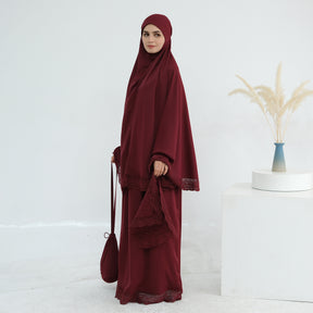 LR957  4-Piece Prayer Mat Storage Bag Lace Hijab & Skirt Set