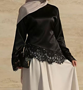 B3788  Round Neck Plain Long Sleeve Irregular Hem Lace Trim Base Layer Top