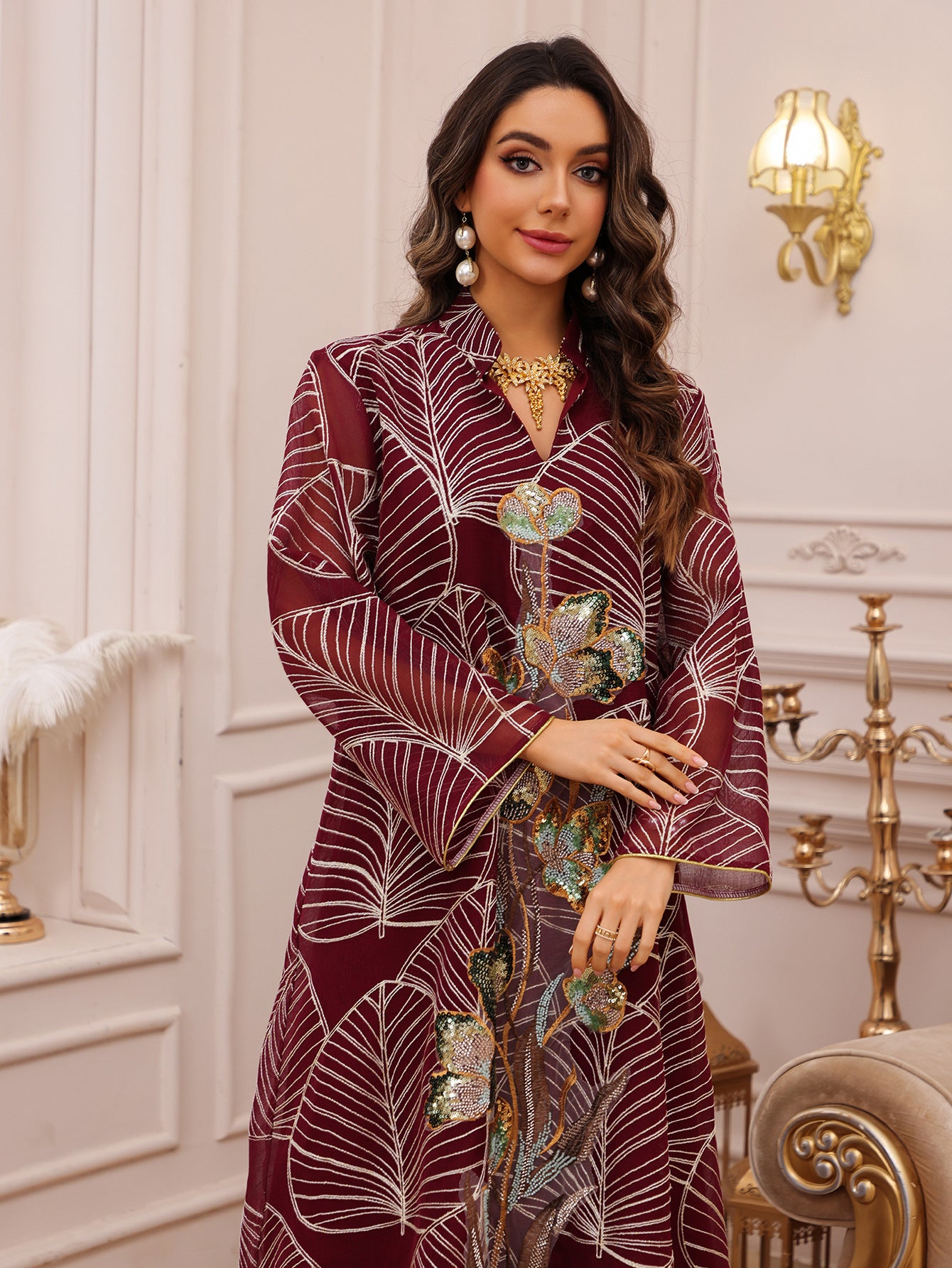 AB485  Mesh Embroidered Maxi Dress Ethnic Women's Clothing