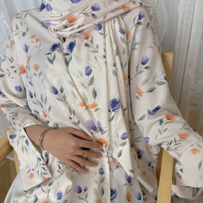 SMYH  Slim-fit Casual Long Versatile Printed Abaya + Hijab Set