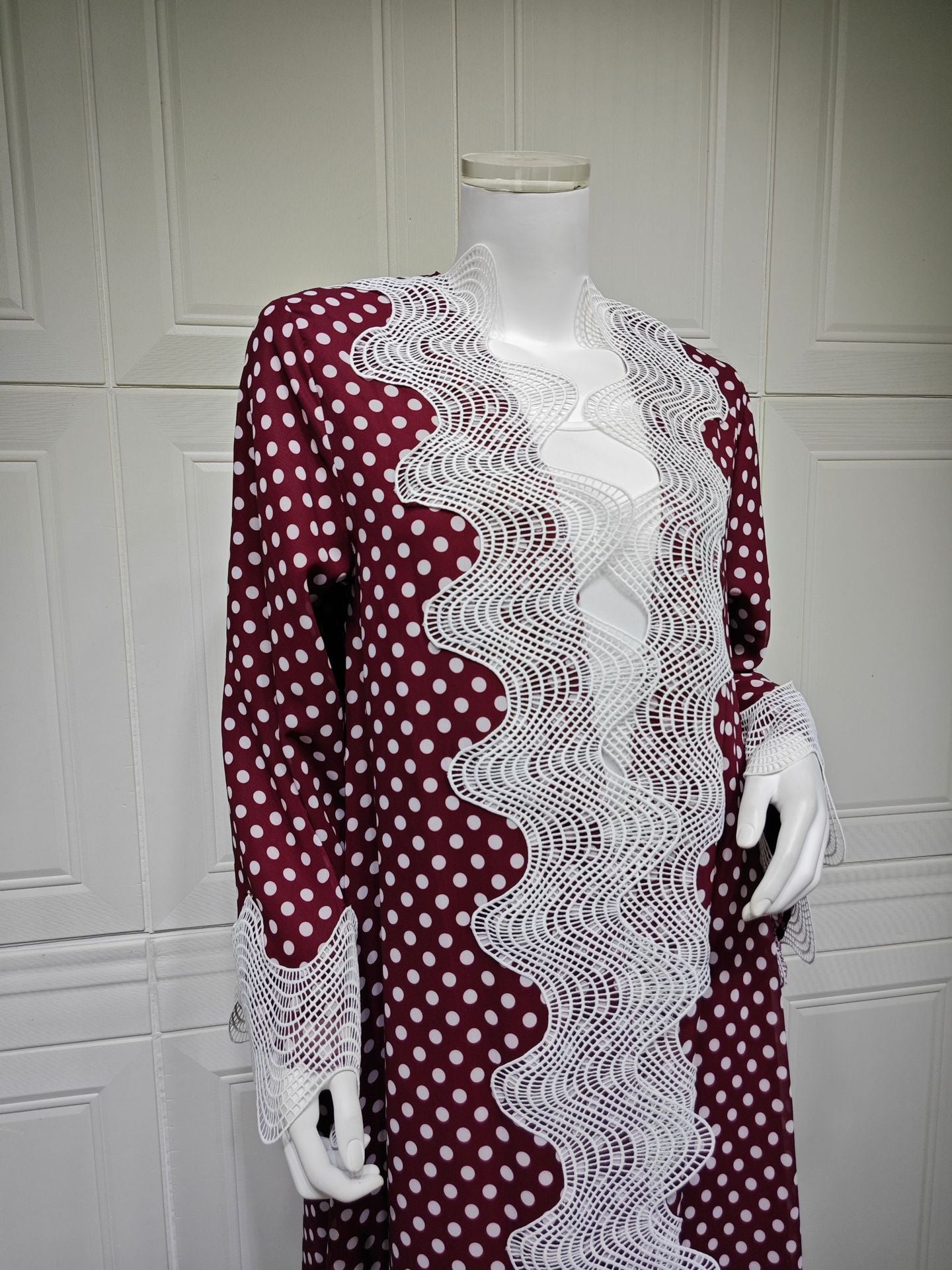 MQ297  Red Polka Dot Chiffon Wavy Lace Cardigan + Hijab Set