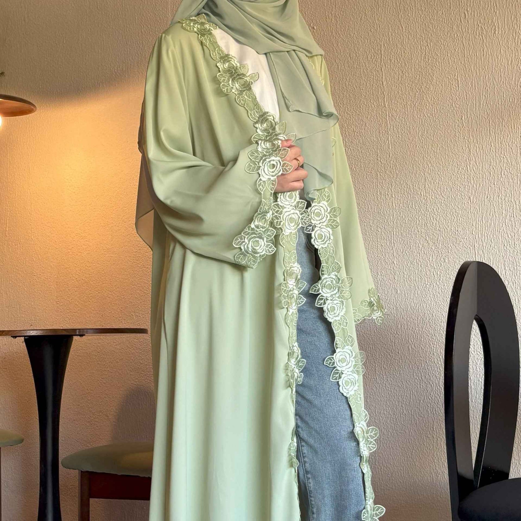 HBWT  Green Floral Abaya with Subtle Lace & a Coordinating Hijab