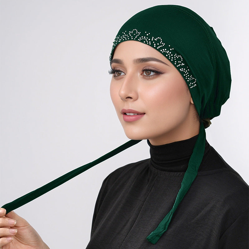 RS038 Mercerized cotton rhinestone strap hijab cap