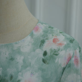 LR1373  Elegant Floral Center Print Double-Layer Polyester Tie Waist Dress