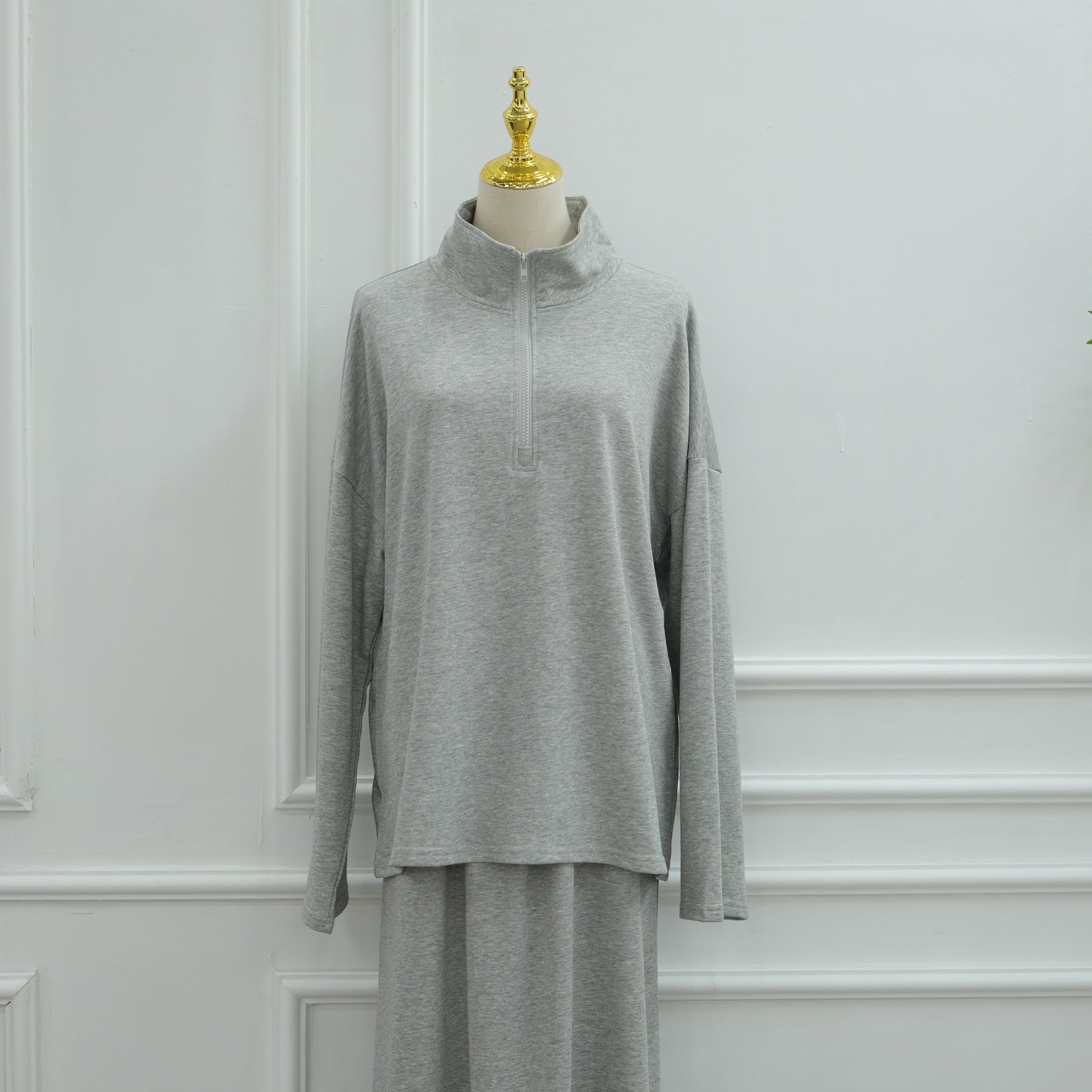 LR1127  Casual Loose Zipper Collar Top and Skirt 2-Piece Set