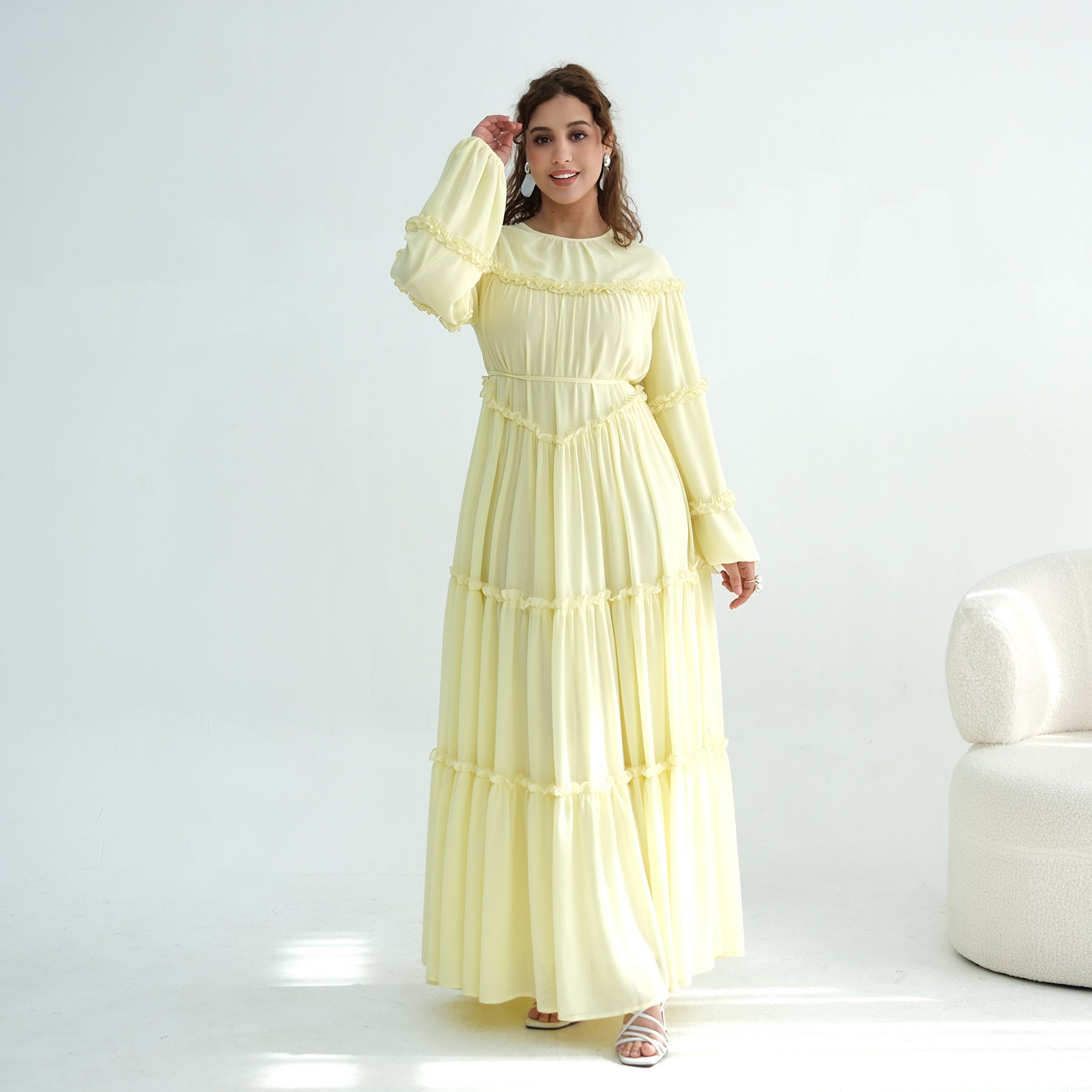 LR1161  Long Sleeve Tiered Ruffle Double Layer Dress